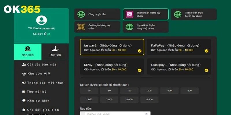 Hướng dẫn thao tác nạp tiền OK365 đơn giản
